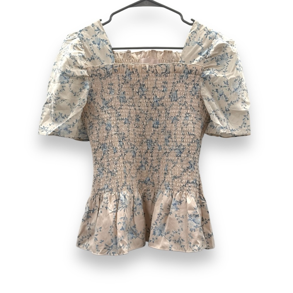 Rachel Parcell Cream &‎ Blue Floral Print Short Puff Sleeve Smocked Peplum Top S